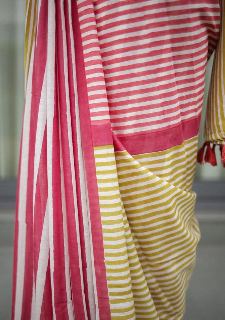 Pink And Light Green Printed Linen Saree Set - Indya