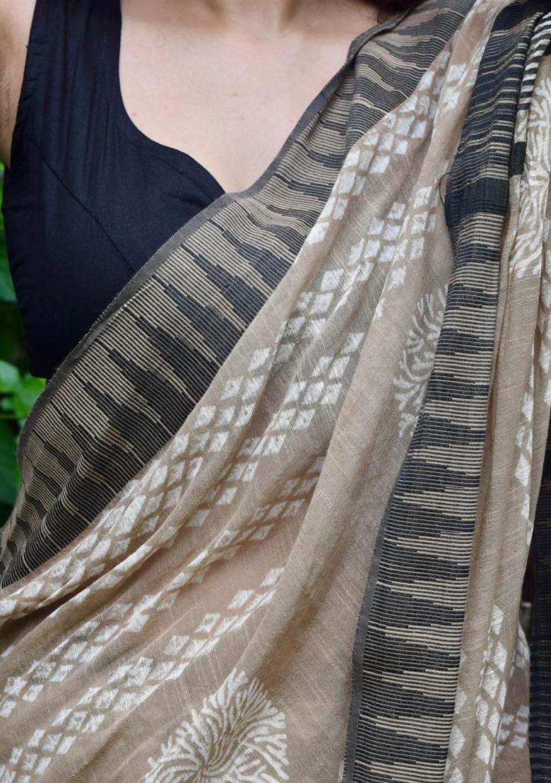 Beige Printed Linen Saree Set - Indya