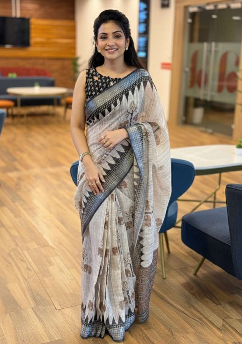 Black Linen Saree Set with Printed for Diwali | Wedding & Festive Wear - Indya