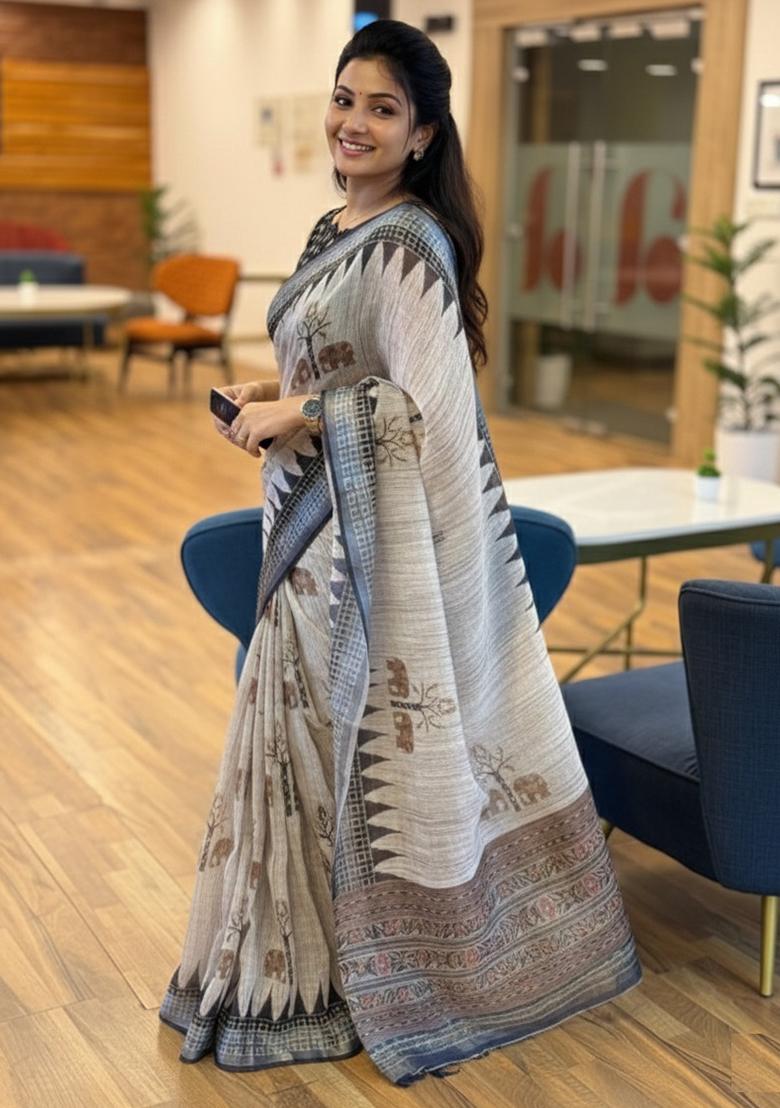 Black Printed Linen Saree Set - Indya