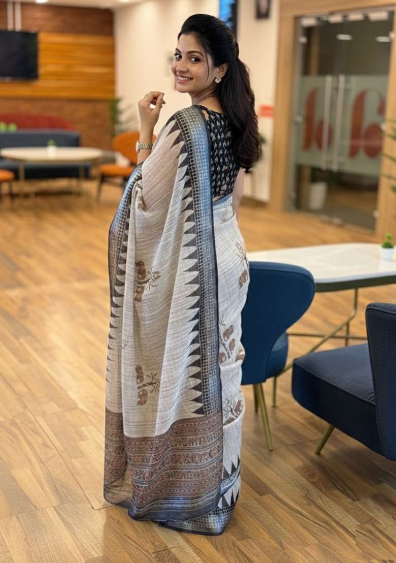 Black Linen Saree Set with Printed for Diwali | Wedding & Festive Wear - Indya