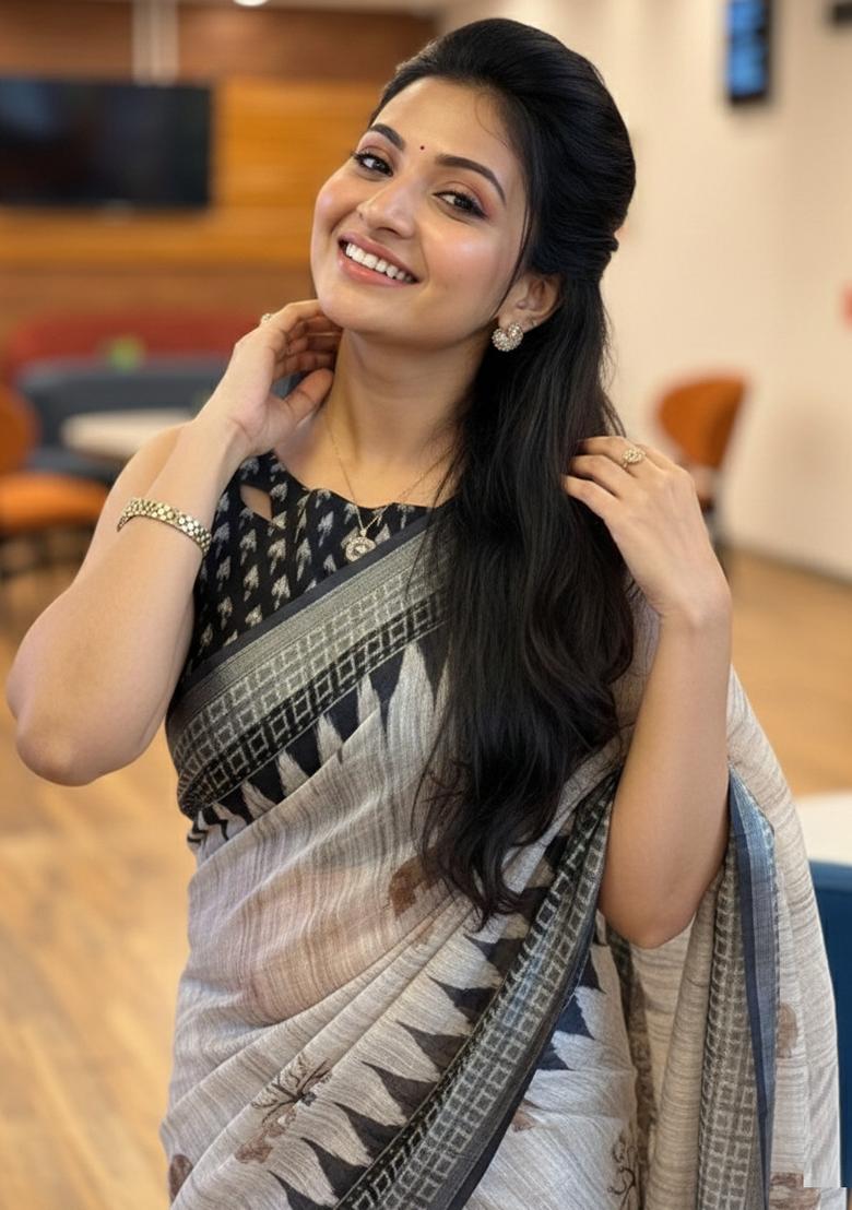 Black Printed Linen Saree Set - Indya