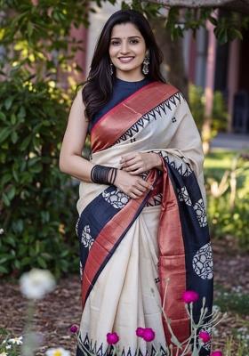 Black Printed Linen Saree Set