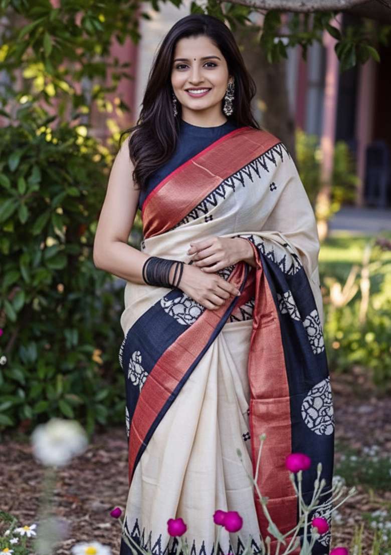 Black Linen Saree Set with Printed for Diwali | Wedding & Festive Wear - Indya