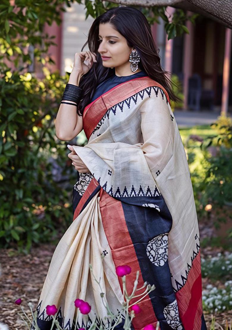 Black Printed Linen Saree Set - Indya