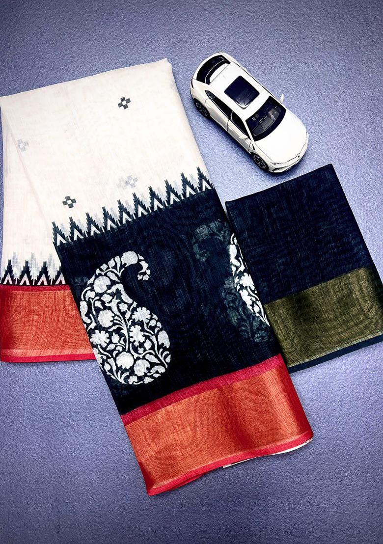 Black Printed Linen Saree Set - Indya