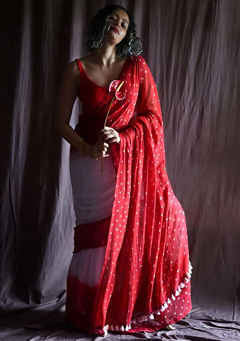 Red Linen Saree Set with Printed for Diwali | Wedding & Festive Wear - Indya