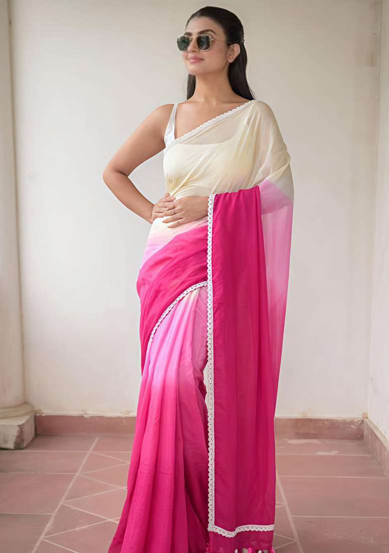 Pink Lace Border Linen Saree Set for Diwali | Wedding & Festive Wear - Indya
