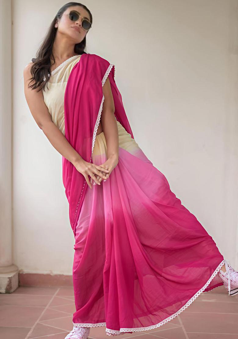 Pink Lace Border Linen Saree Set - Indya