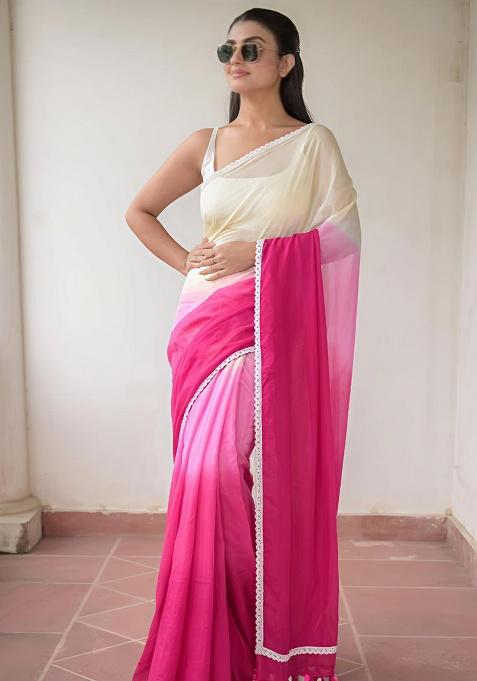 Pink Lace Border Linen Saree Set