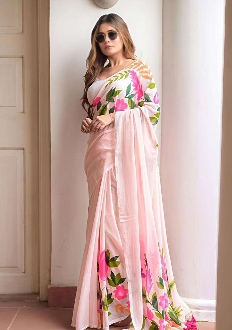 Pastel Pink Printed Linen Saree Set for Diwali and Festive Wear - Indya