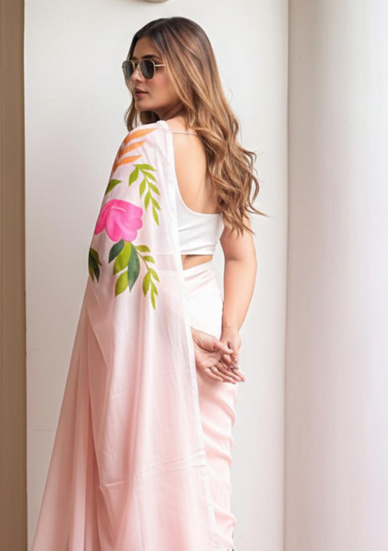 Pastel Pink Printed Linen Saree Set - Indya