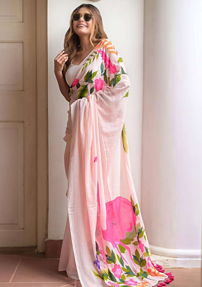 Pastel Pink Printed Linen Saree Set for Diwali and Festive Wear - Indya
