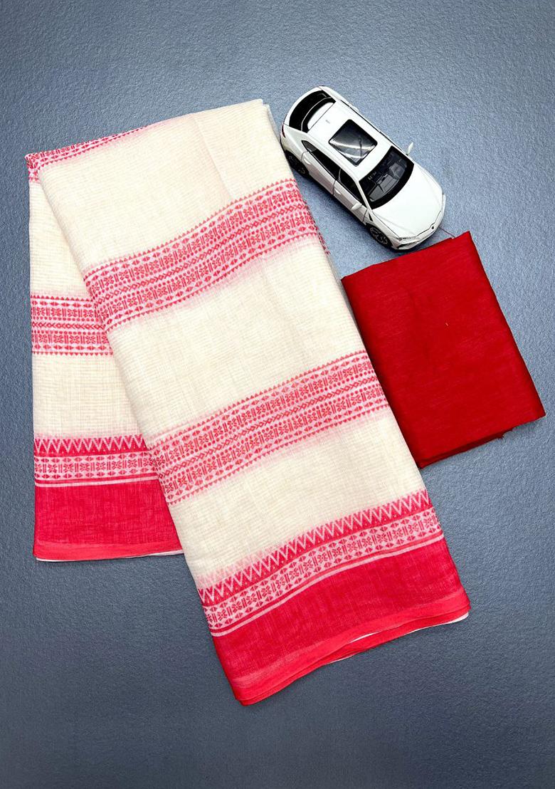 Red Printed Linen Saree Set - Indya