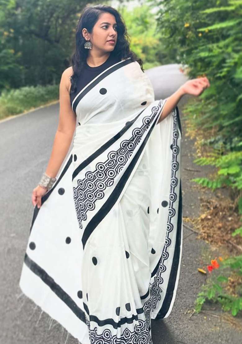 White Printed Linen Saree Set for Diwali and Festive Wear - Indya