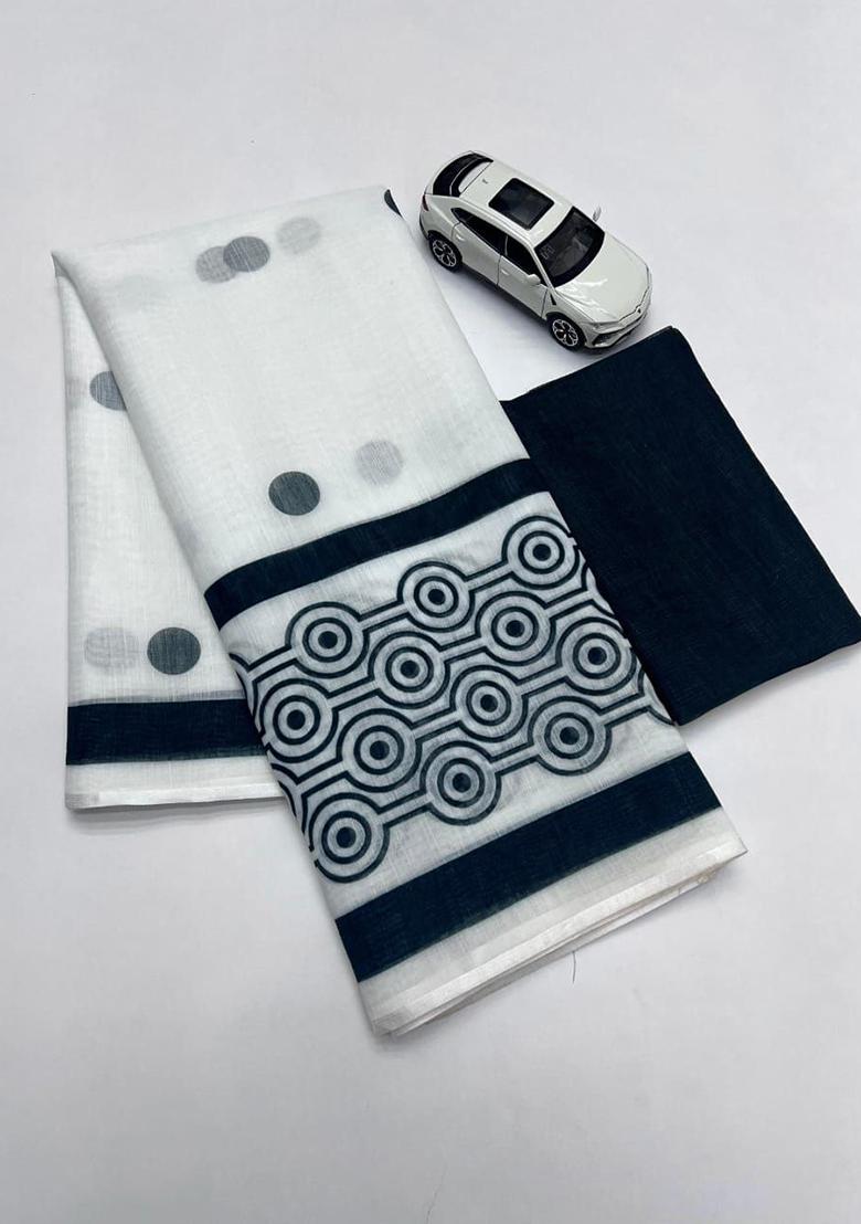 White Printed Linen Saree Set - Indya