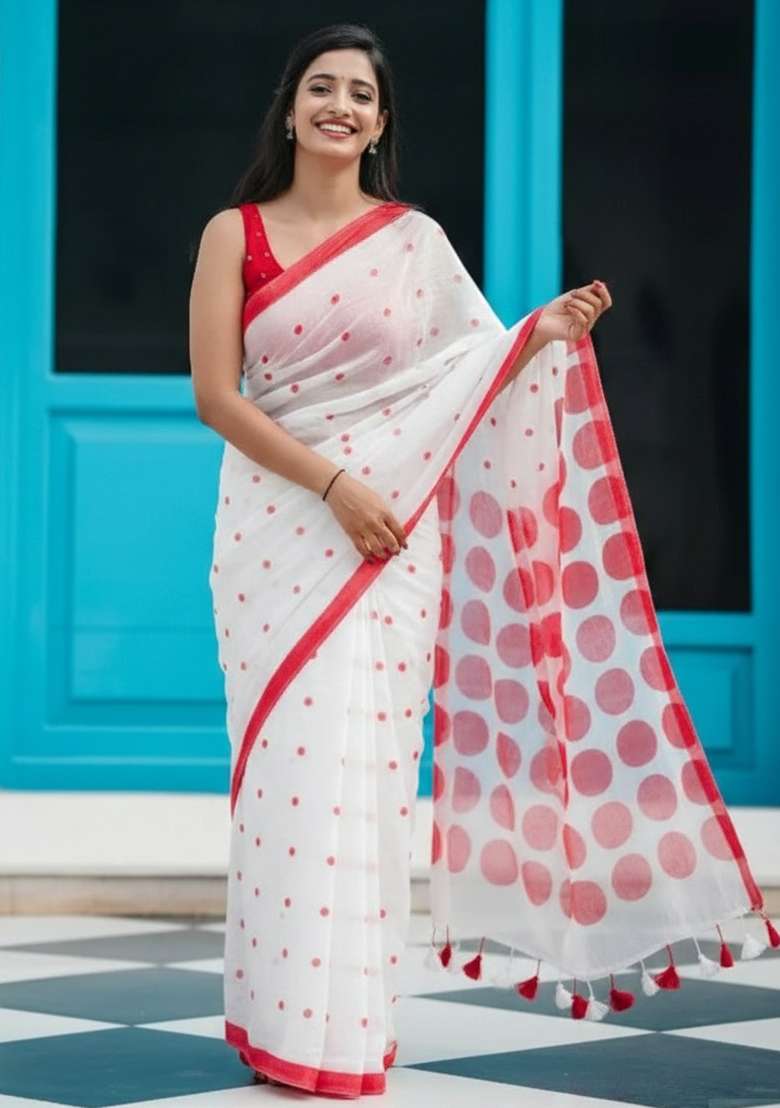 Red Printed Linen Saree Set for Diwali and Festive Wear - Indya