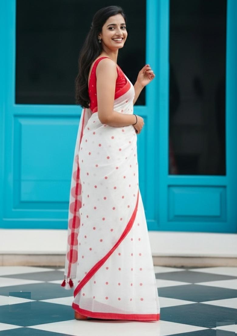Red Printed Linen Saree Set - Indya