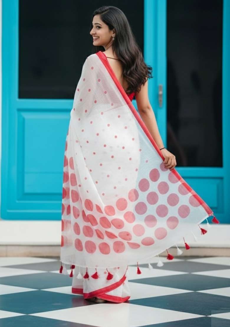 Red Printed Linen Saree Set for Diwali and Festive Wear - Indya