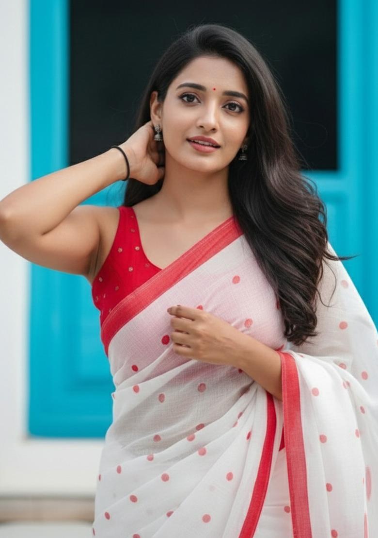 Red Printed Linen Saree Set - Indya