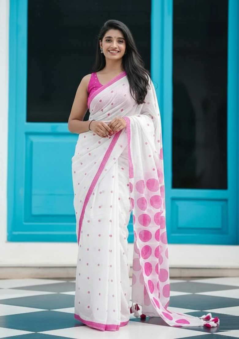 Pink Printed Linen Saree Set for Diwali and Festive Wear - Indya