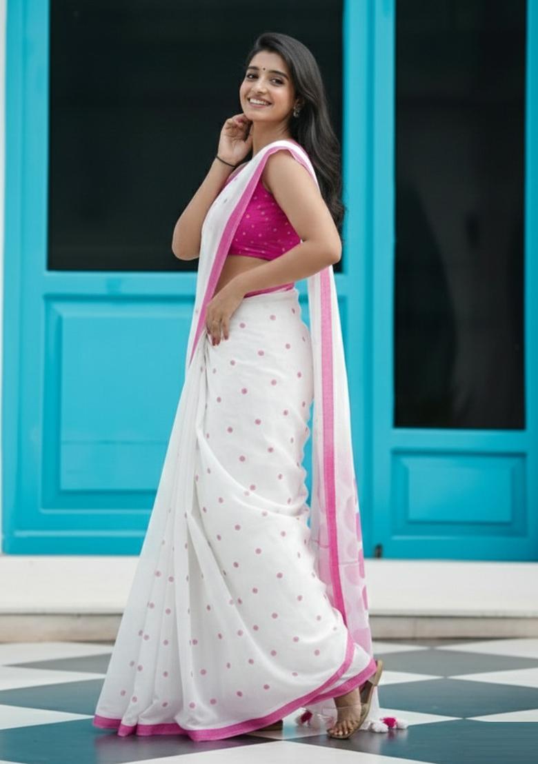 Pink Printed Linen Saree Set - Indya