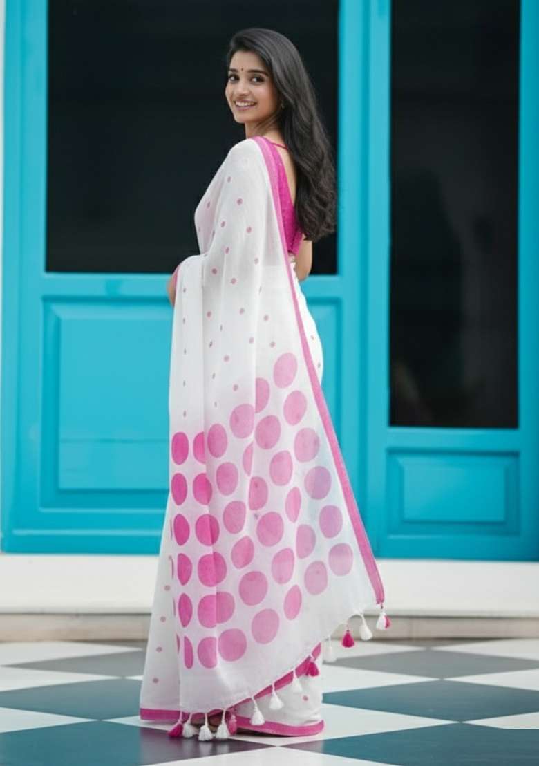 Pink Printed Linen Saree Set for Diwali and Festive Wear - Indya