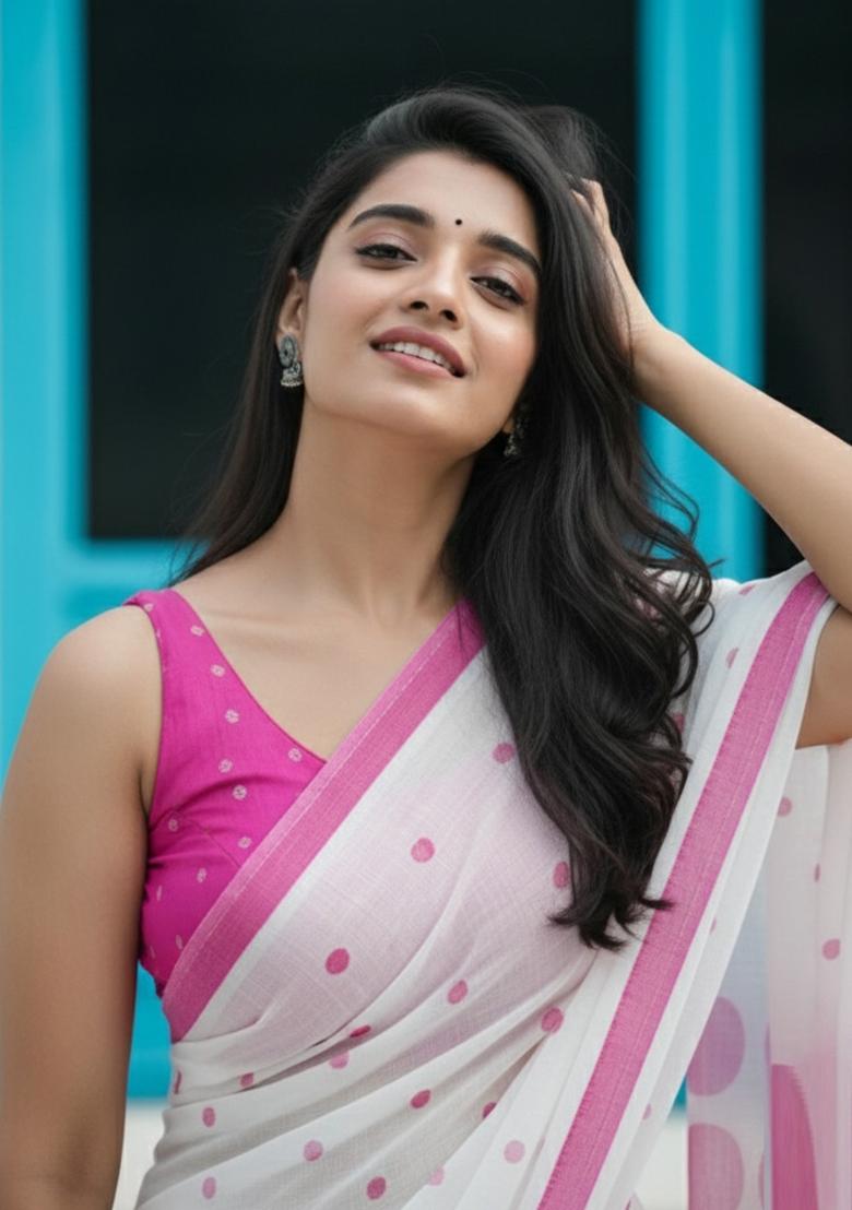 Pink Printed Linen Saree Set - Indya