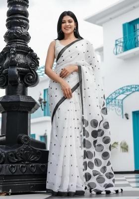 Black Printed Linen Saree Set