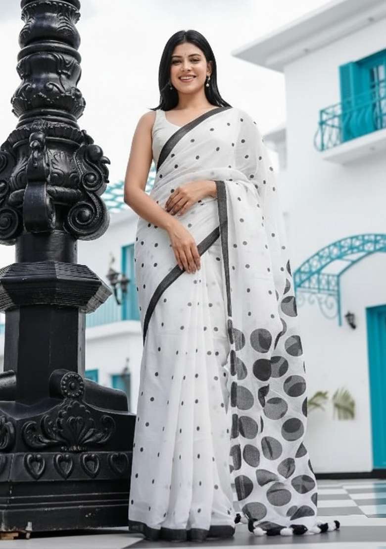 Black Linen Saree Set with Printed for Diwali | Wedding & Festive Wear - Indya