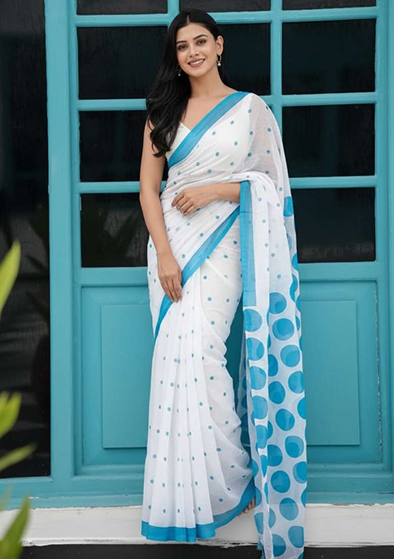 Sky Blue Printed Linen Saree Set for Diwali and Festive Wear - Indya