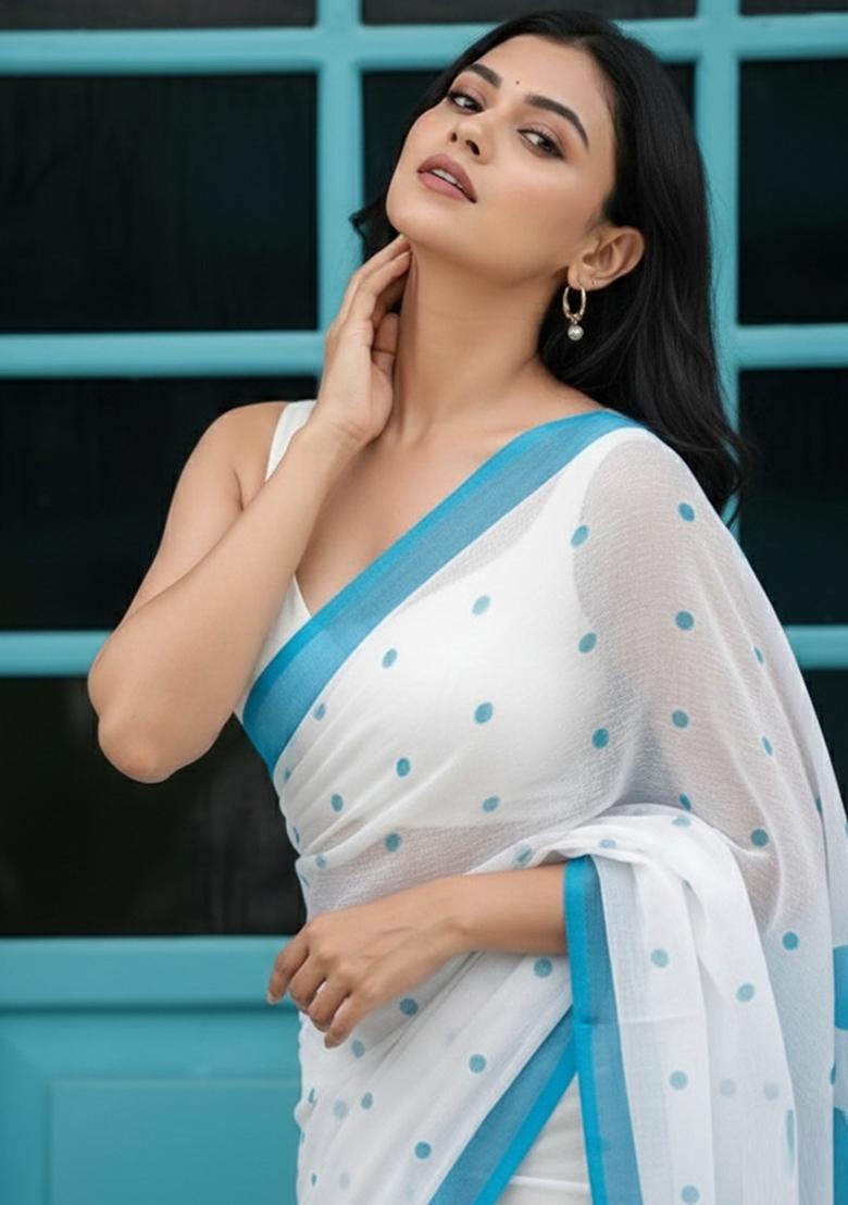 Sky Blue Printed Linen Saree Set - Indya