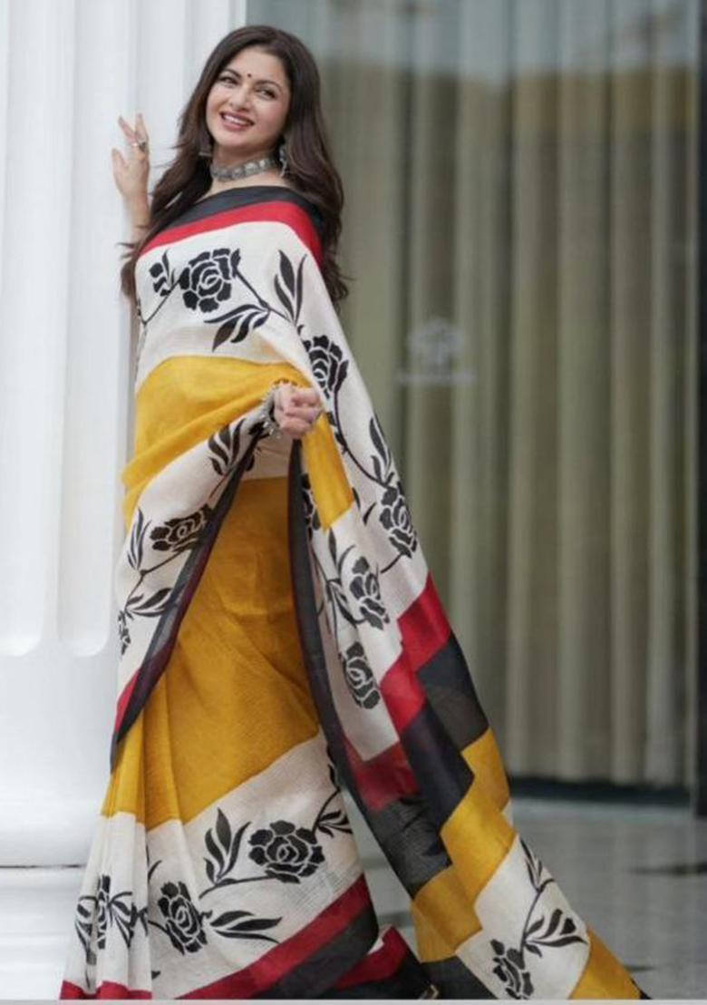 Black Printed Linen Saree Set - Indya