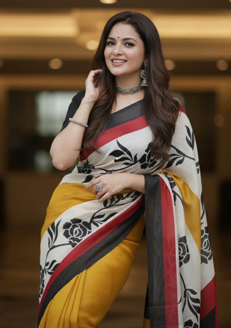 Black Printed Linen Saree Set - Indya