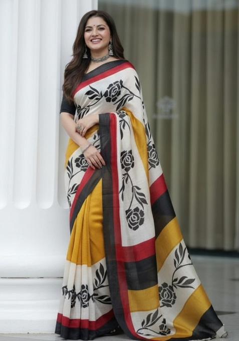 Black Printed Linen Saree Set