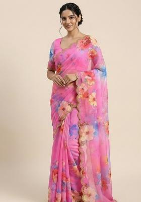 Pink Printed Georgette Saree Set