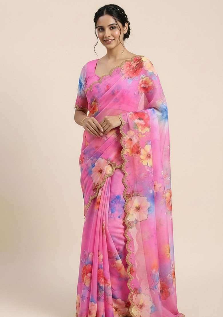 Pink Printed Georgette Saree Set for Diwali and Festive Wear - Indya
