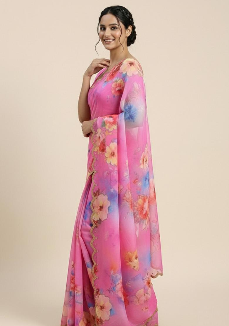 Pink Printed Georgette Saree Set - Indya