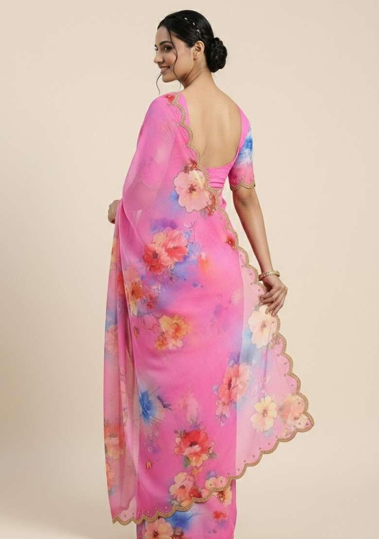 Pink Printed Georgette Saree Set for Diwali and Festive Wear - Indya