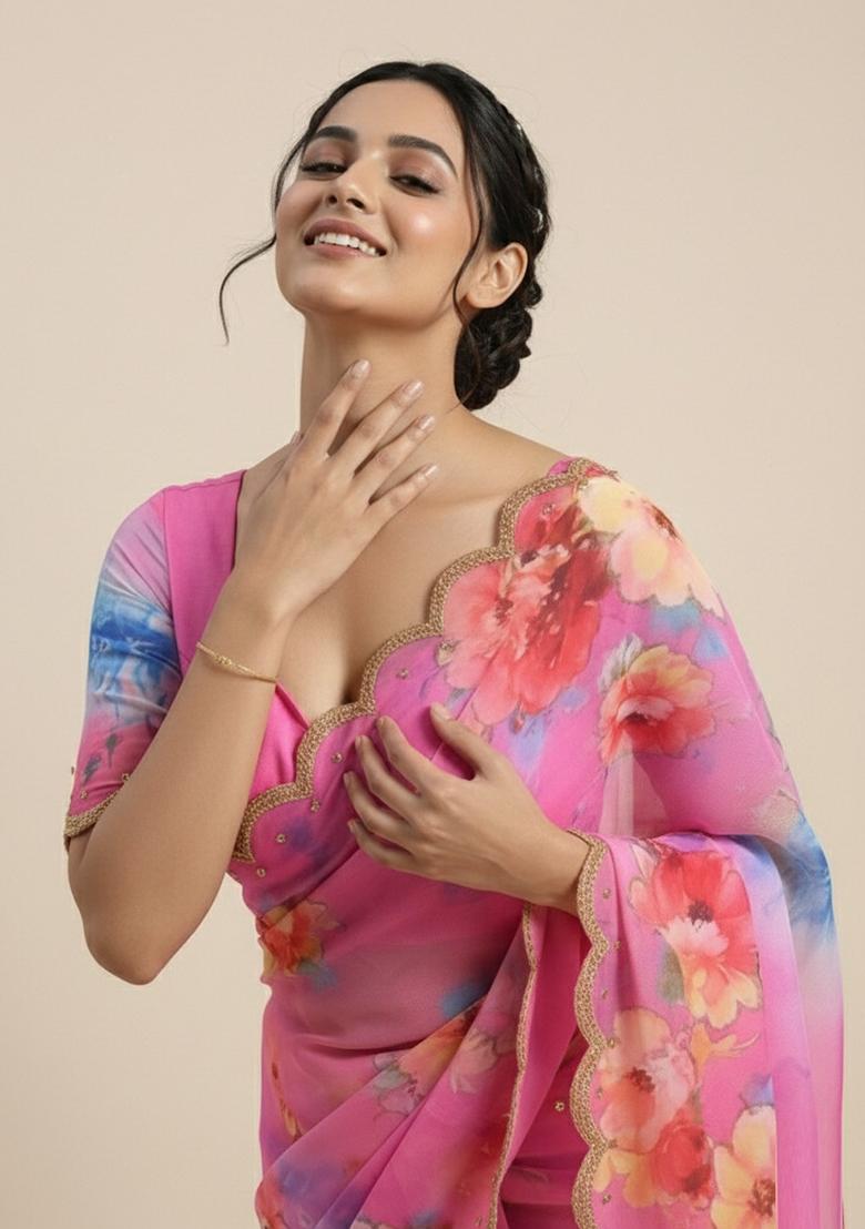 Pink Printed Georgette Saree Set - Indya