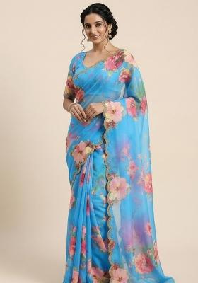 Sky Blue Printed Georgette Saree Set