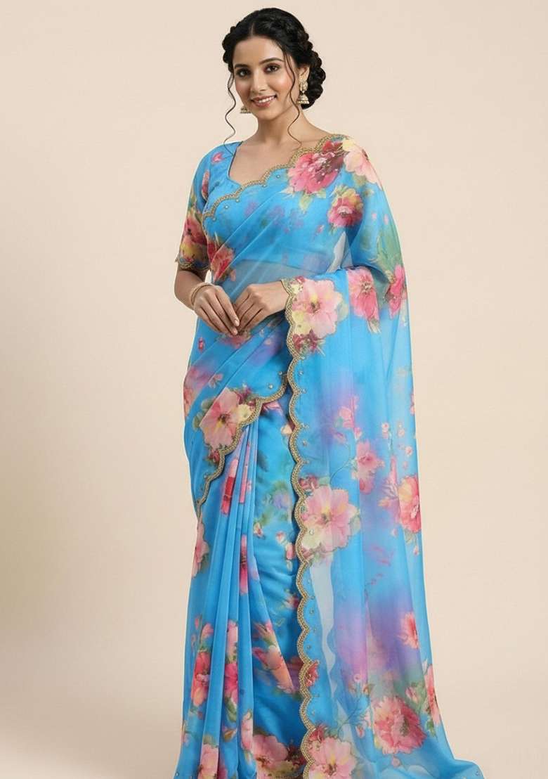 Sky Blue Georgette Saree Set with Printed for Diwali | Wedding & Festive Wear - Indya