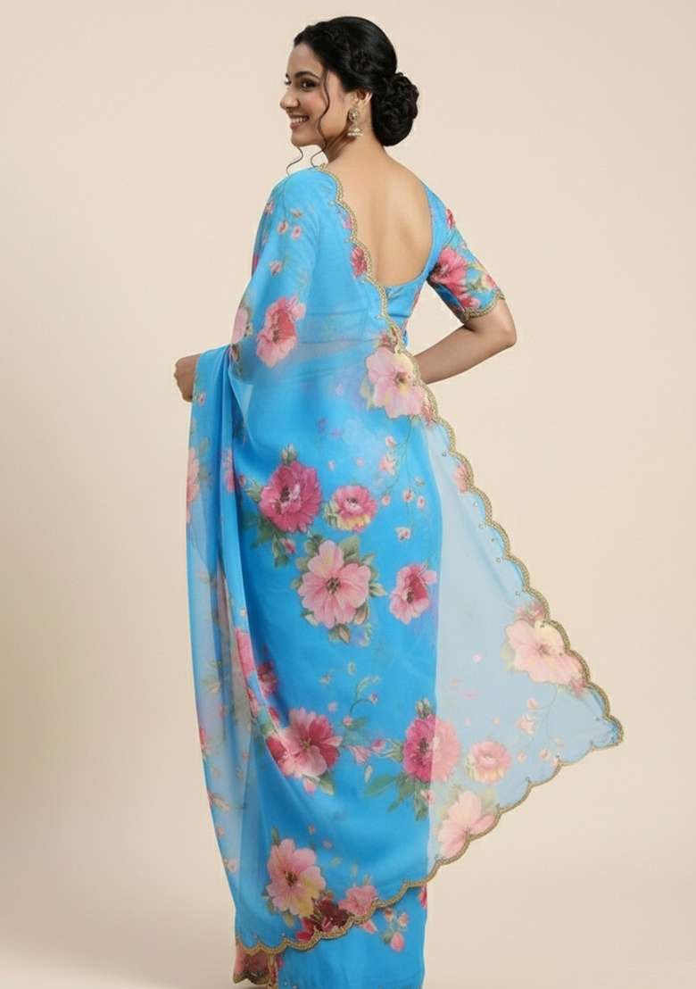 Sky Blue Georgette Saree Set with Printed for Diwali | Wedding & Festive Wear - Indya