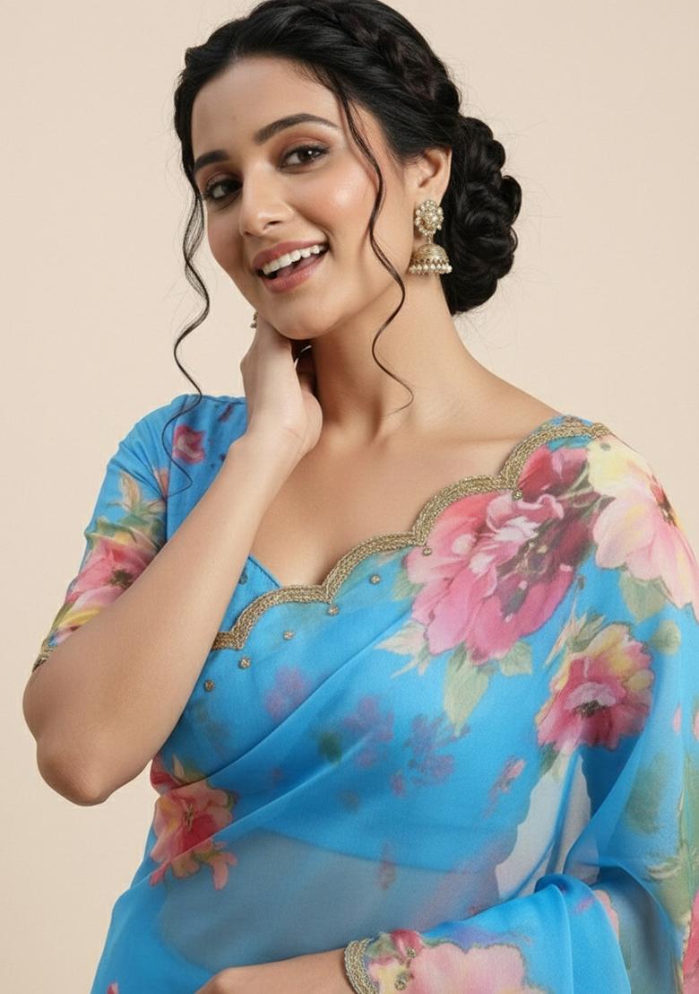 Sky Blue Printed Georgette Saree Set - Indya