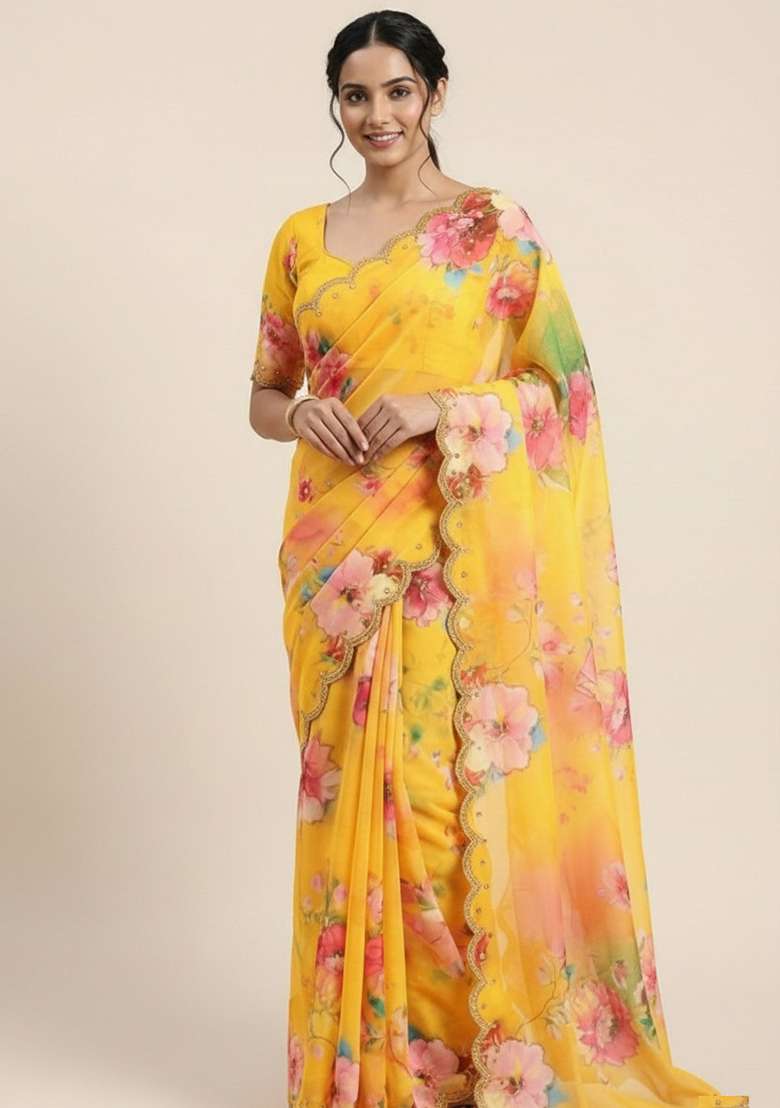 Yellow Printed Georgette Saree Set for Diwali and Festive Wear - Indya