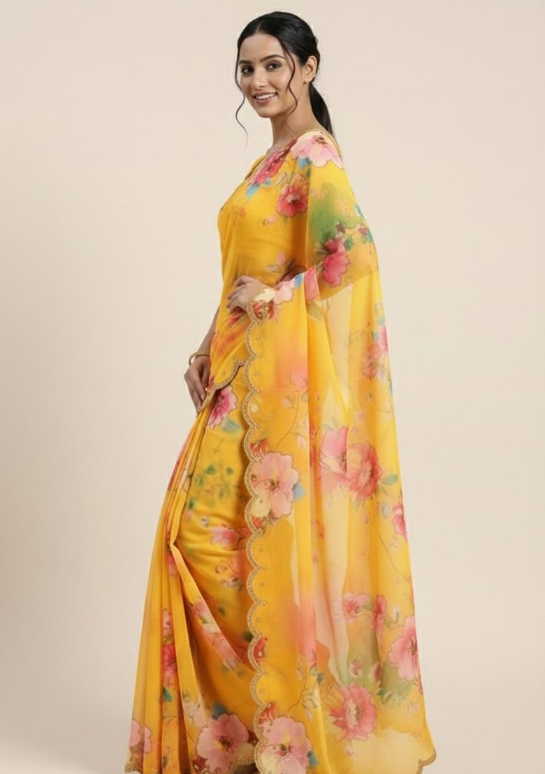 Yellow Printed Georgette Saree Set - Indya