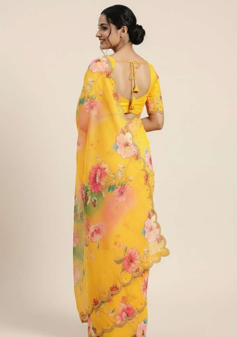 Yellow Printed Georgette Saree Set for Diwali and Festive Wear - Indya