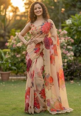 Beige Printed Georgette Saree Set