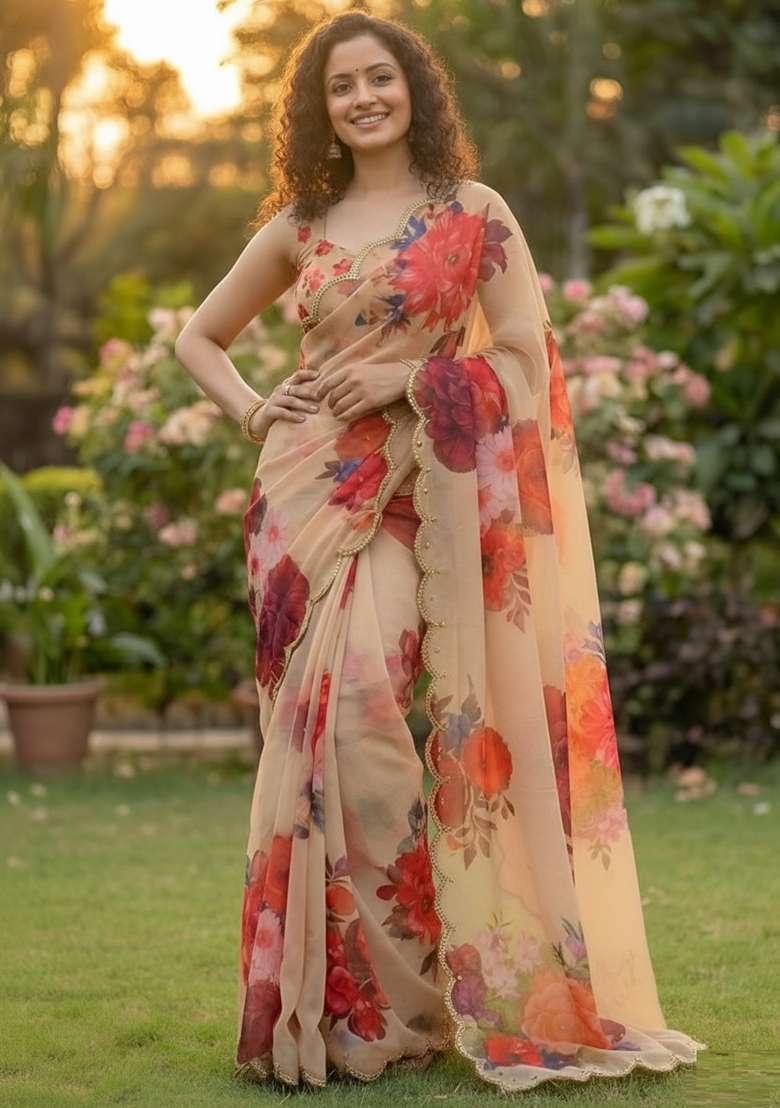 Beige Printed Georgette Saree Set for Diwali and Festive Wear - Indya