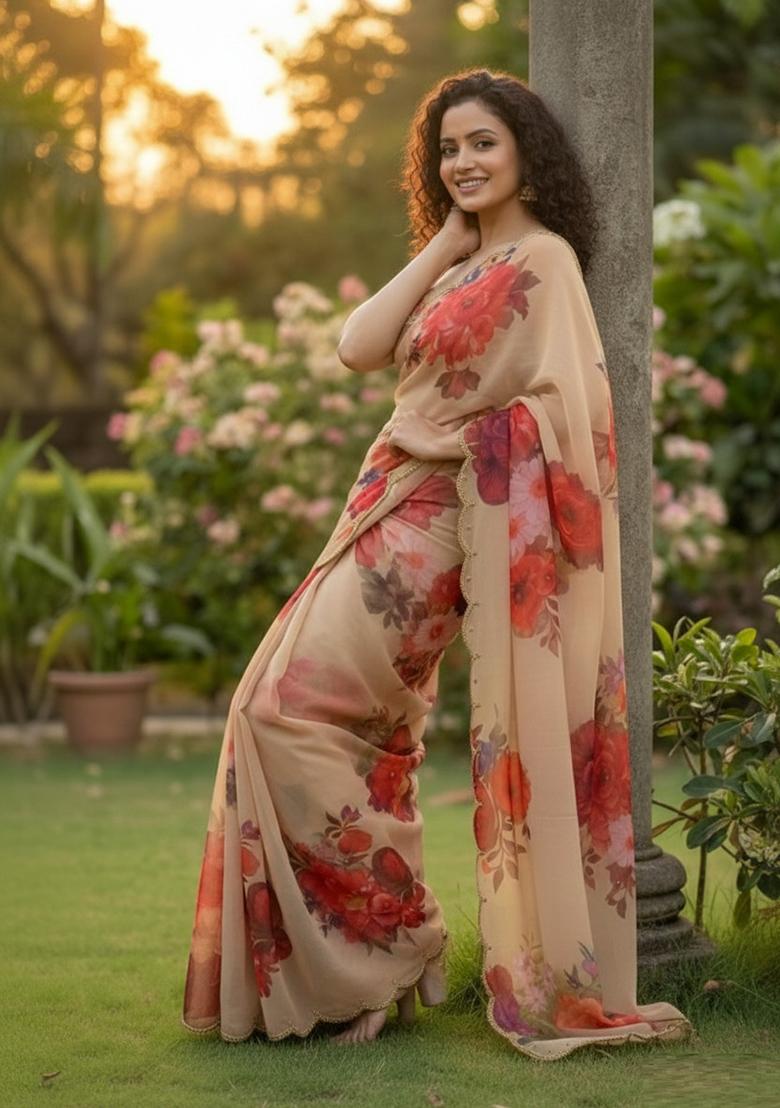 Beige Printed Georgette Saree Set - Indya